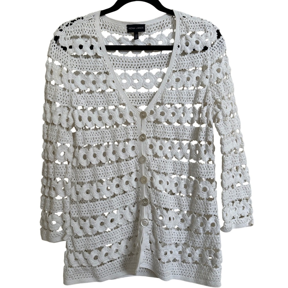 Rena Lange Germany White Crochet Lace Cardigan Sweater Size M Luxury